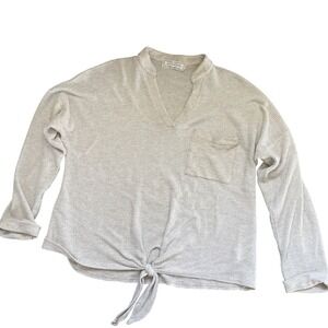 Sinuous Womens Oatmeal Beige Waffle Knit Front Tie V-Neck Pocket Top Medium USA
